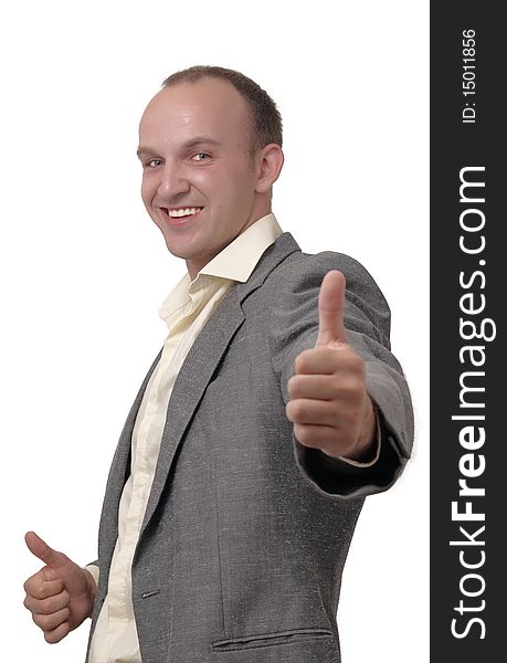 A young man showing sign okay - on a white background . A young man showing sign okay - on a white background .