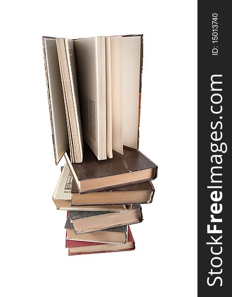 Stack of books on white background