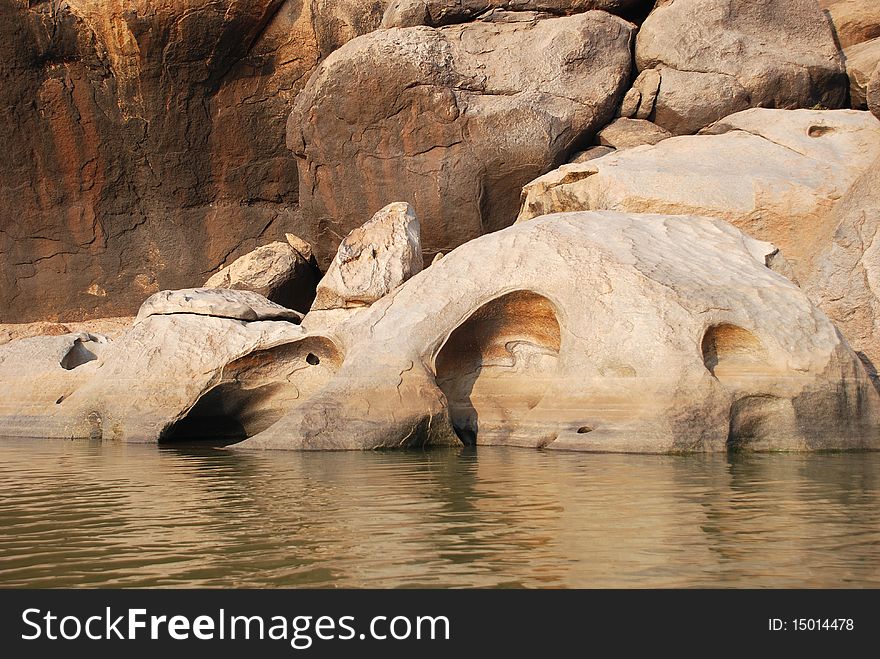 River near rock. India, Hampi