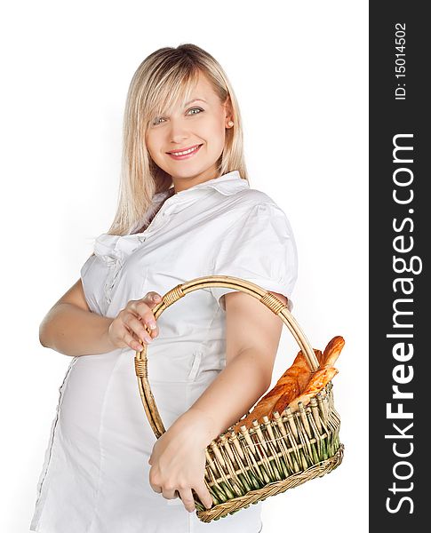 Pregnant pretty woman in studio over white background