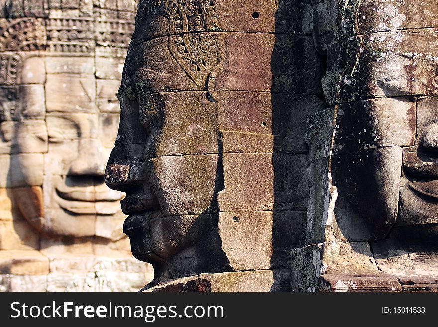 Bayon Face To Face With Depth Of Field, Angkor Thom-Cambodia. Bayon Face To Face With Depth Of Field, Angkor Thom-Cambodia