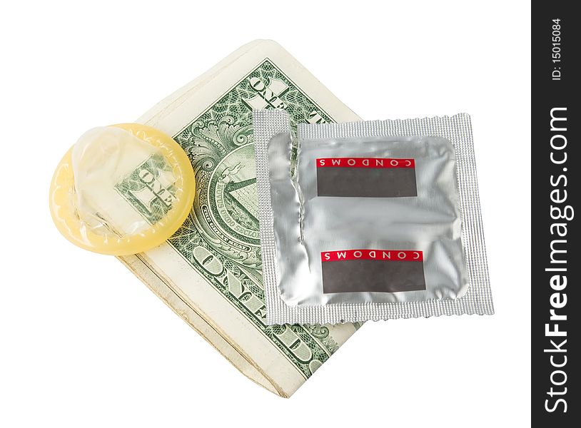 Unpacked condom with money on white