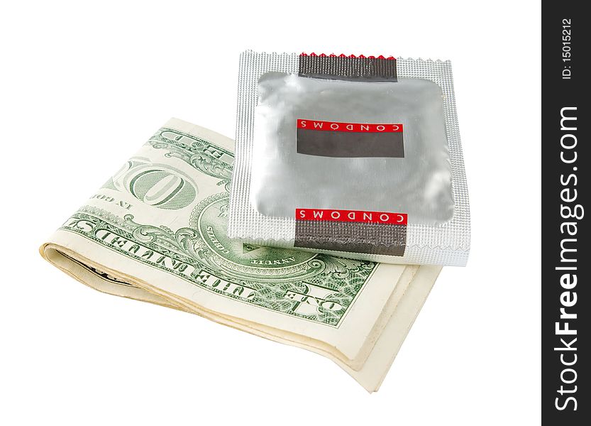 Condom and money on white background