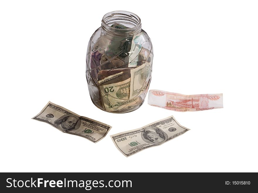 Bottle with various banknotes isolated on a white background. Bottle with various banknotes isolated on a white background