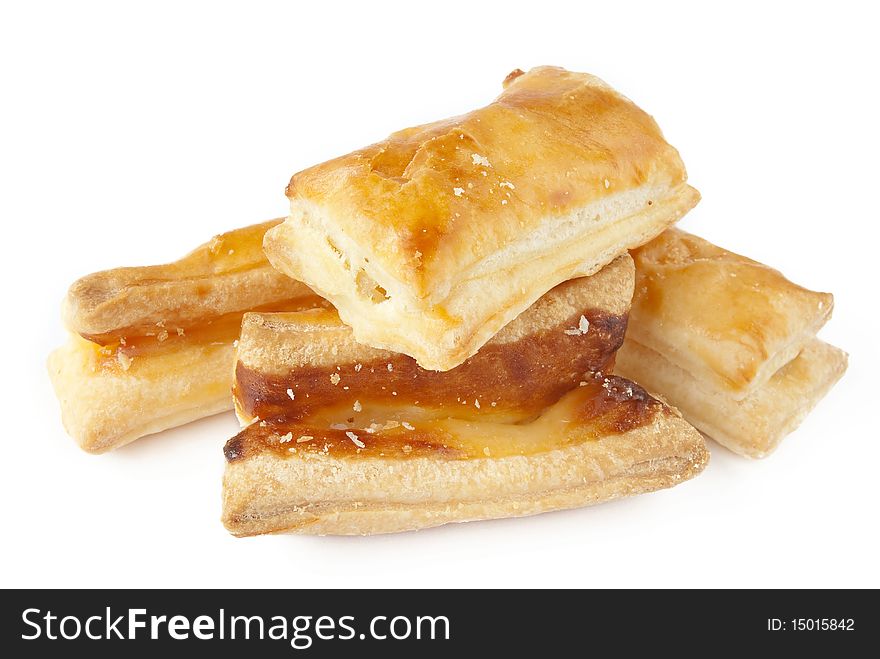 Pastry with marzipan on white background