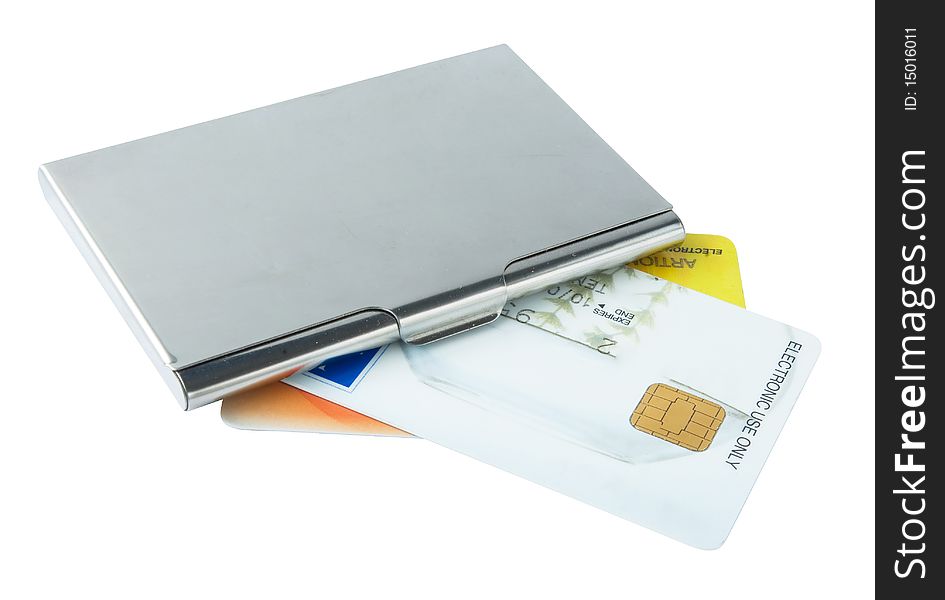 Credit card with metallic case isolated