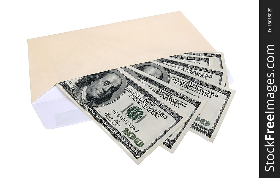 Hundred dollar bills in an envelope, isolated on white background