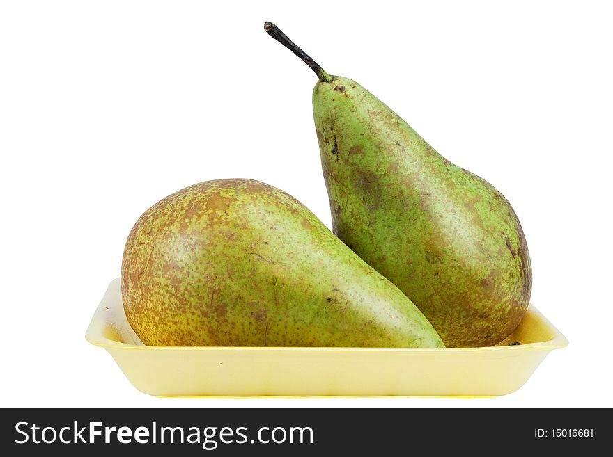 Two pears in yellow container on white background