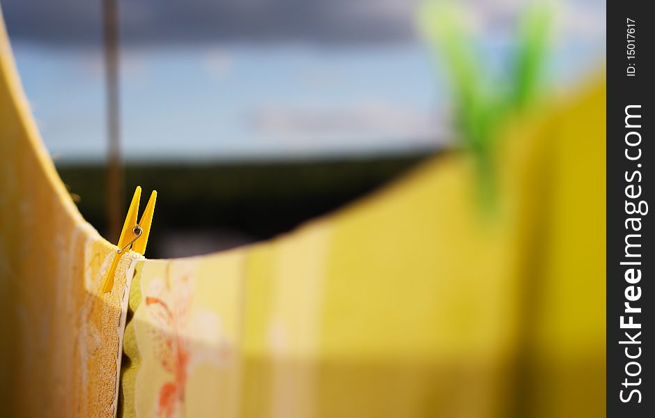 Drying of linen. Outdoors. Clothespins