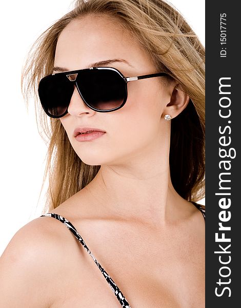 Portrait of trendy women with black sunglasses on a isolated white background