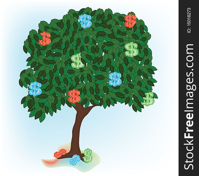 Illustration of alone growing tree with dollar under the blue sky