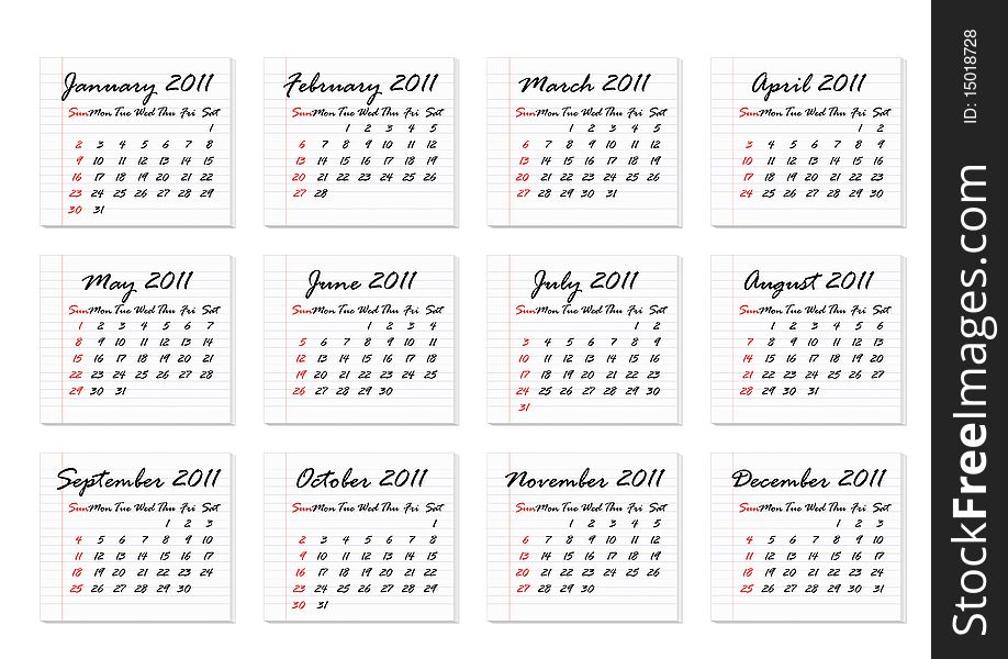 Calendar 2011 in English all 12 Months, week starts with Sunday,  vector version available. Calendar 2011 in English all 12 Months, week starts with Sunday,  vector version available