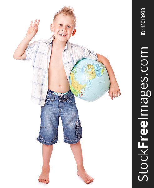 Boy and globe. Isolated on white background