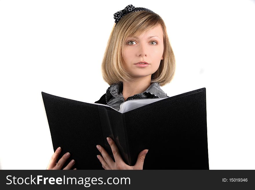 Portrait of business girl with papers in studio over white