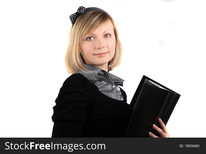 Portrait of business girl with papers in studio over grey