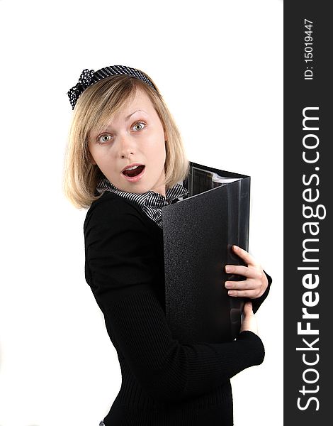 Portrait of business girl with papers in studio over grey