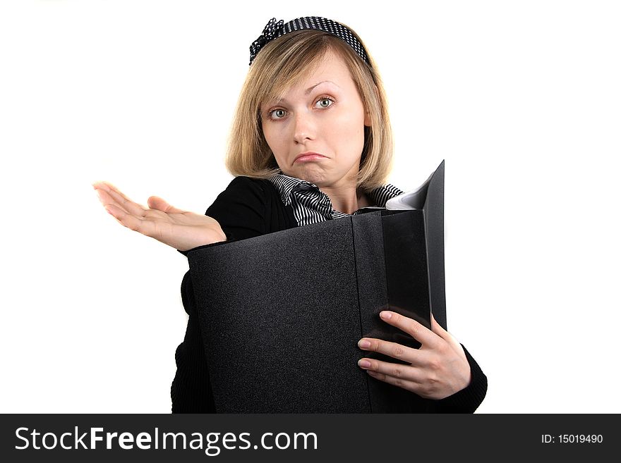 Portrait of business girl with papers in studio over white