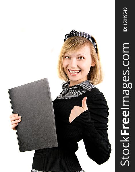 Portrait of business girl with papers in studio over white