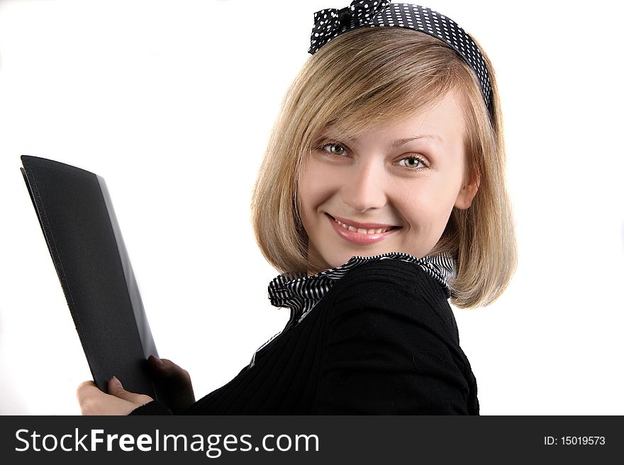 Portrait of business girl with papers in studio over white