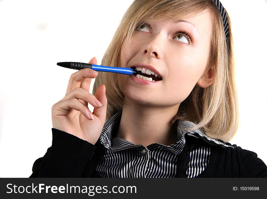 Portrait of business girl with pen in studio over white