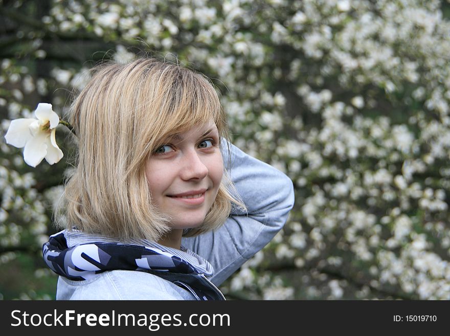 Pretty blonde over nature background. Pretty blonde over nature background