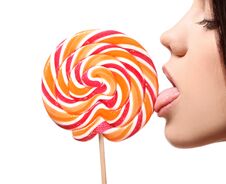 Young Woman With Lollipop On White Background Royalty Free Stock Image