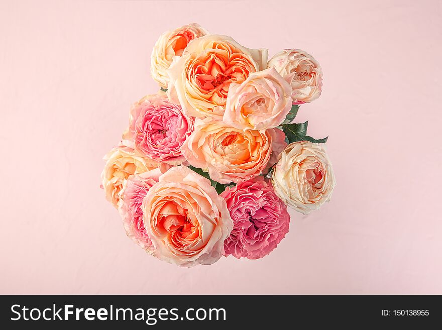 Bouquet Of Beautiful Roses On Color Background