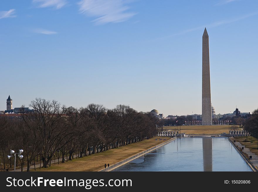 Washington Monument and reflecting pool at the National Mall in Washington DC