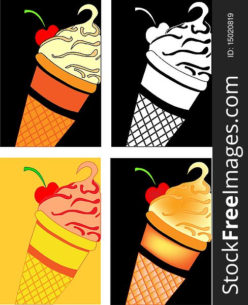 Illustration for ice cream or whipping. Stylization concept for desert with waffle cone and cherry. Illustration for ice cream or whipping. Stylization concept for desert with waffle cone and cherry.