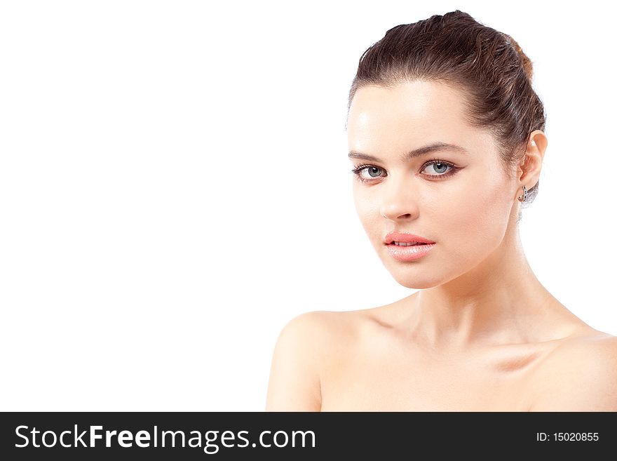 Closeup portrait of brunette young passionate woman with large beautiful eyes