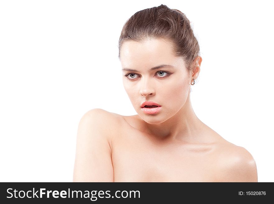 Closeup portrait of brunette passionate woman with large beautiful eyes and open mouth