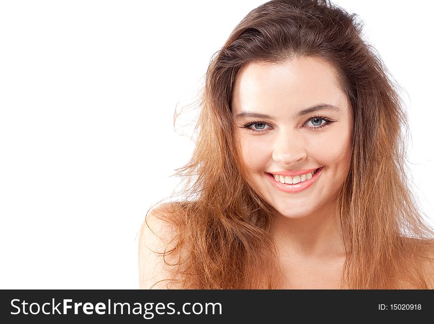 Closeup portrait of beautiful young smiling brunette woman with large beautiful eyes. Closeup portrait of beautiful young smiling brunette woman with large beautiful eyes