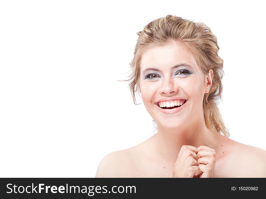 Closeup portrait of beautiful smiling elegant woman holding hands near neck. Closeup portrait of beautiful smiling elegant woman holding hands near neck