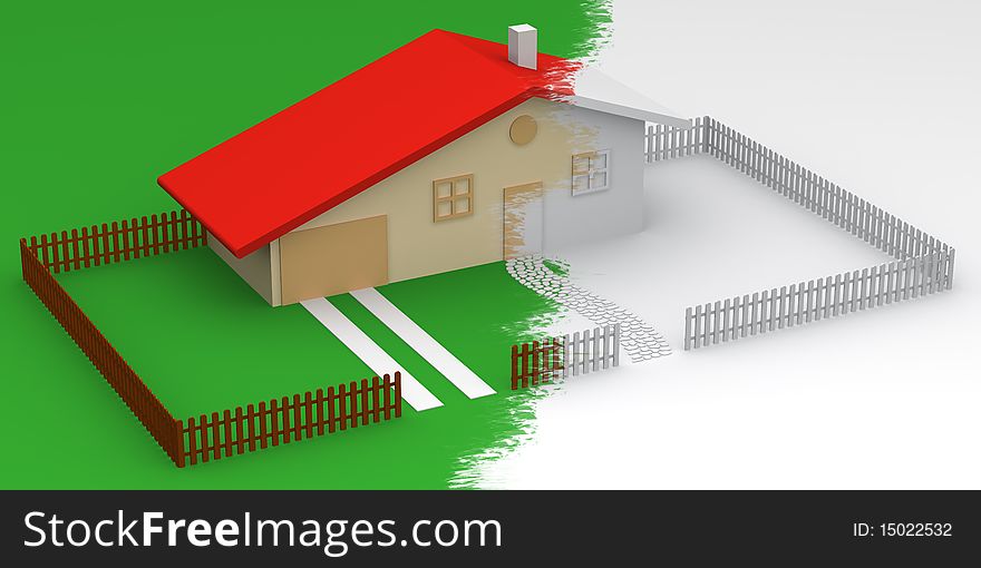 3D illustration of a designed house with garden in two colors. 3D illustration of a designed house with garden in two colors