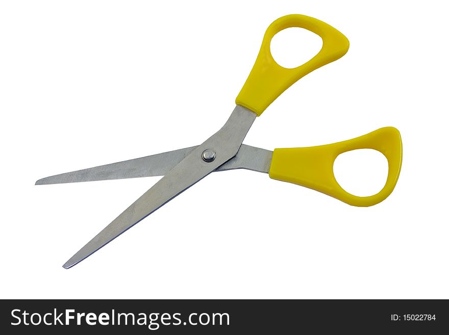Yellow metal isolated scissors on the white
