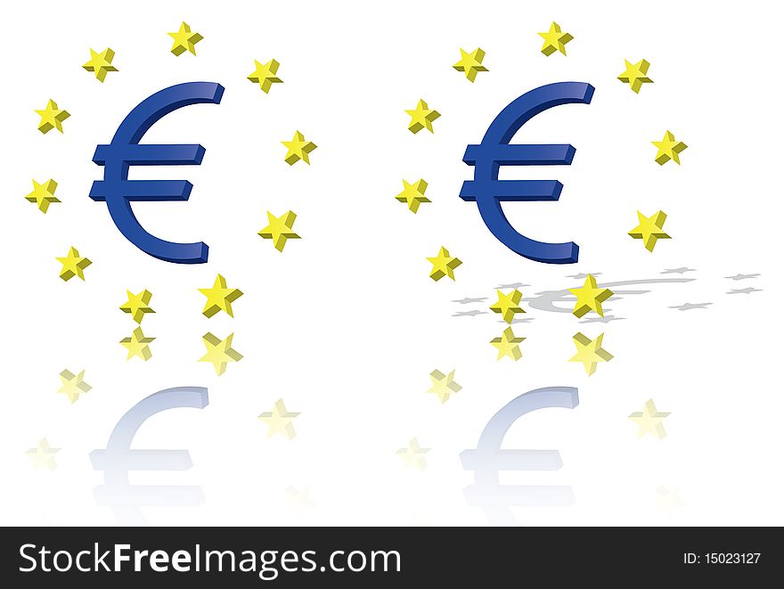 Euro symbol, European Union unit of currency with yellow starts around and a reflection