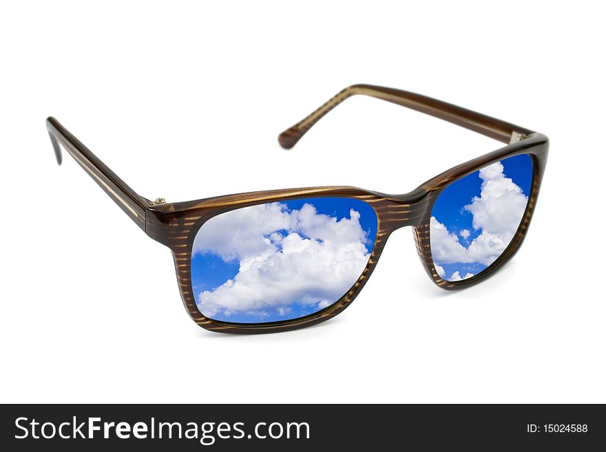 Sunglasses and sky reflection isolated on white background