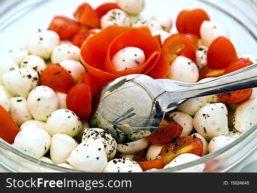 Decoration food in a bowl with cheese and tomato