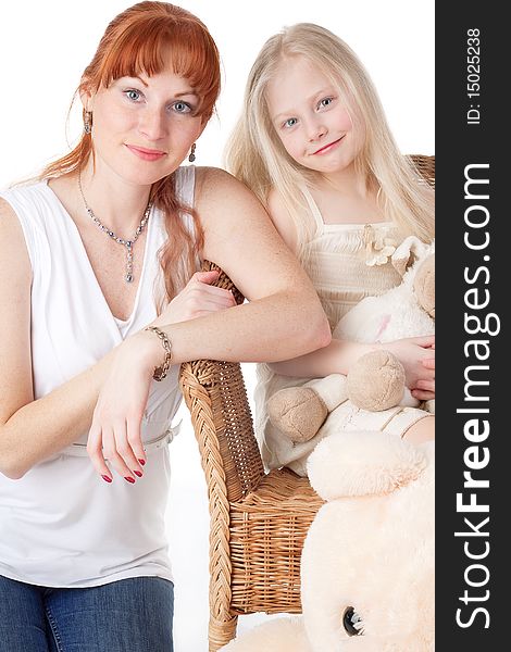 Mother and daughter on a white background