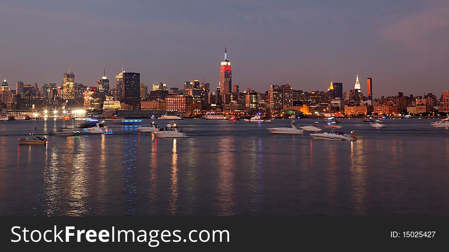 The Mid-town Manhattan Skyline at the Night of the July 4th Holiday