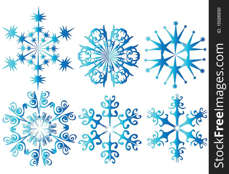 Six blue snowflakes. Vector illustration.