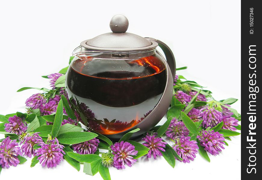 Teapot with floral clover tea. Teapot with floral clover tea