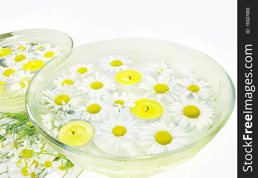 Spa lit candles daisy flowers health-care treatment. Spa lit candles daisy flowers health-care treatment