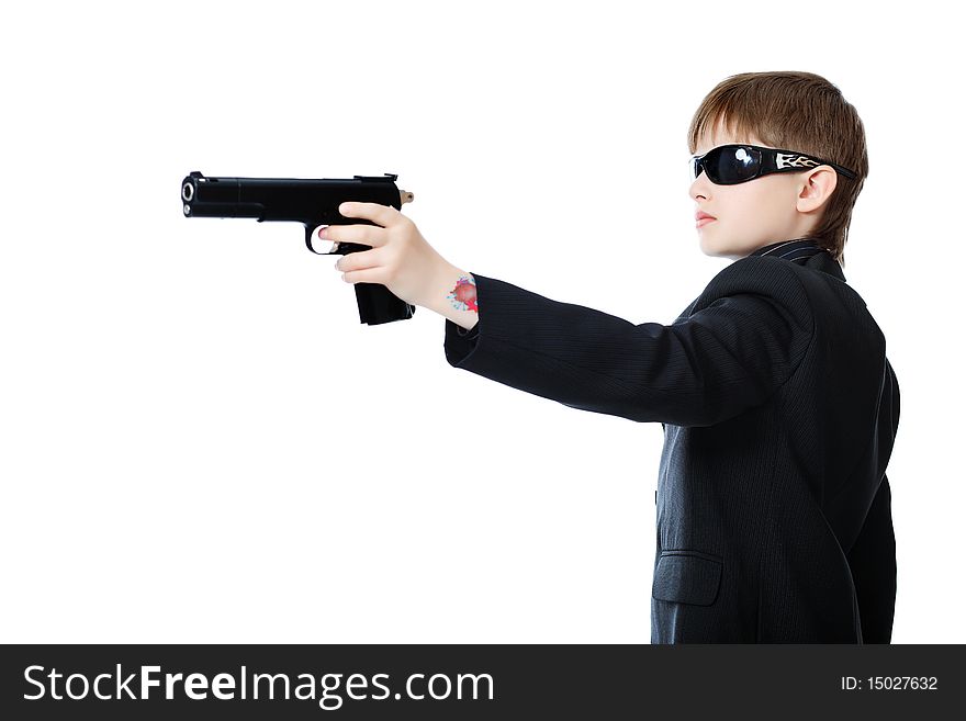 Shot of a boy with a gun. Isolated over white background. Shot of a boy with a gun. Isolated over white background.