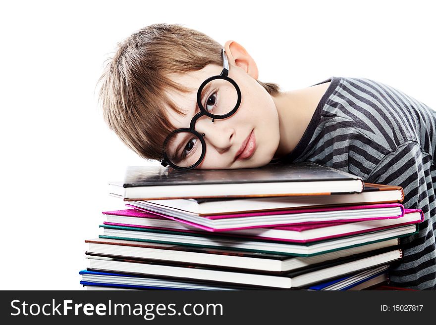 Educational theme: funny teenager with books. Isolated over white background. Educational theme: funny teenager with books. Isolated over white background.