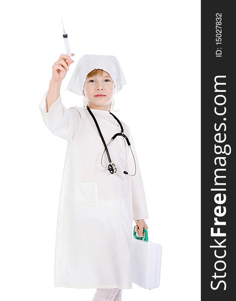 Shot of a little girl in a doctors uniform. Isolated over white background. Shot of a little girl in a doctors uniform. Isolated over white background.