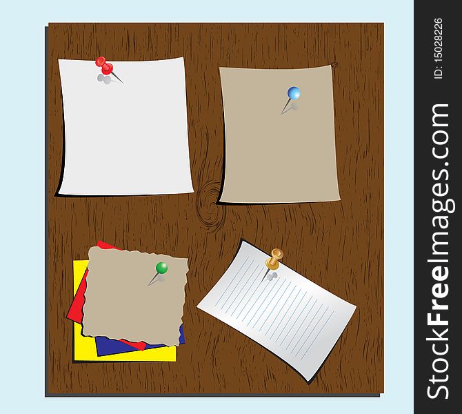 Push pins and paper notes at wood background,  illustration