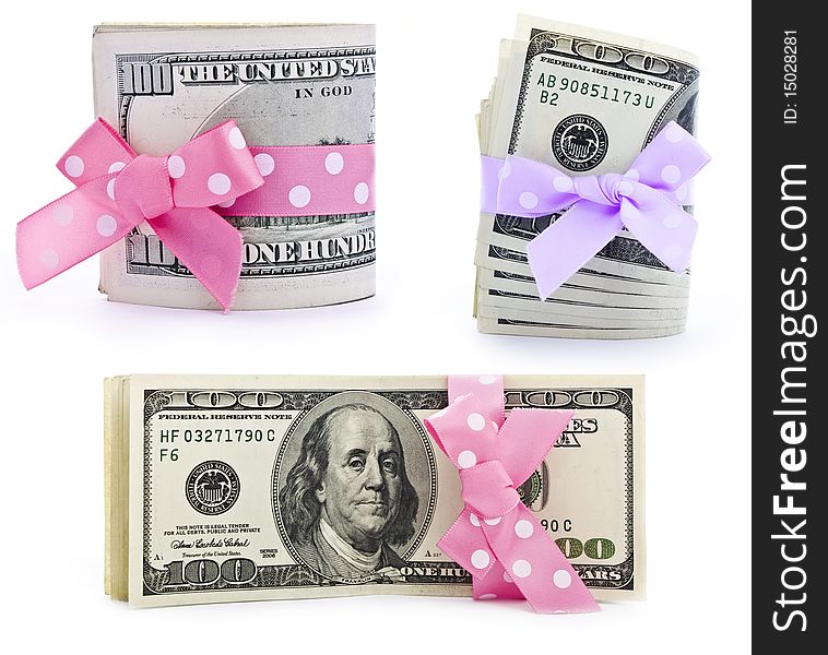 100-dollar bills stack strapped with a beautiful ribbon. 100-dollar bills stack strapped with a beautiful ribbon