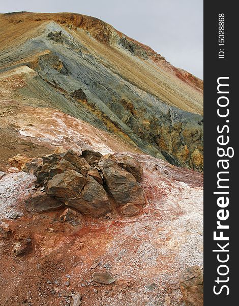 Multicolored rhyolite mountains in Landmannalaugar region near Hekla volcano in southwest Iceland