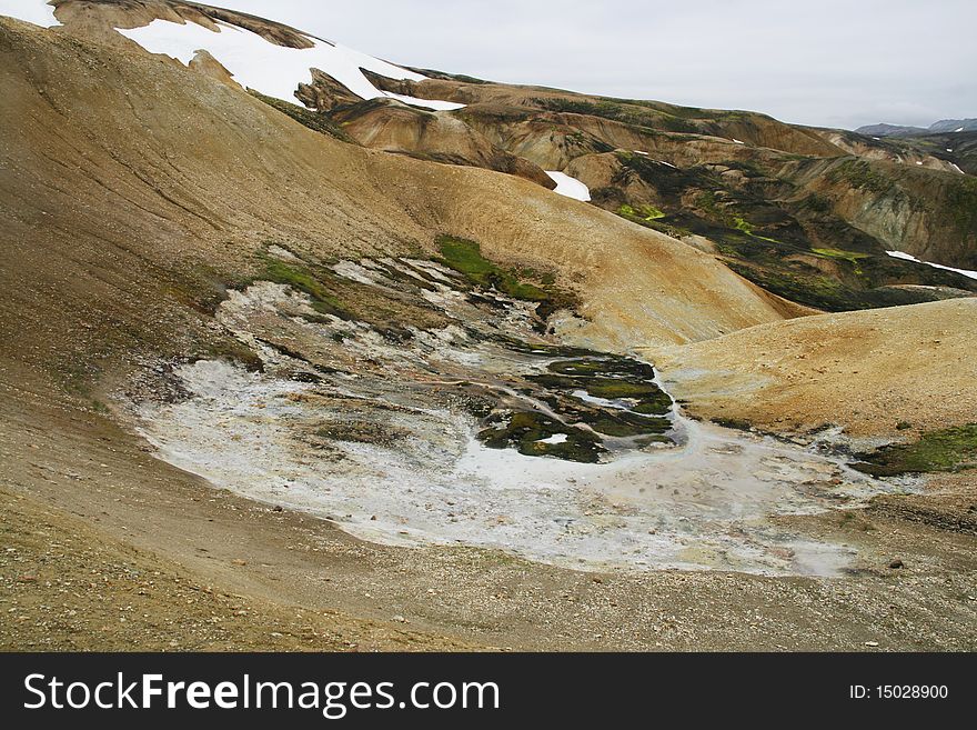 Multicolored rhyolite mountains in Landmannalaugar region near Hekla volcano in southwest Iceland